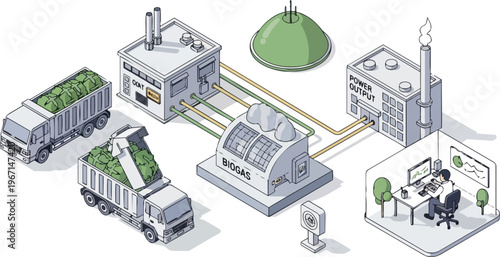 Isometric Biogas Power Plant and Renewable Energy Production Facility Illustration; Green Technology Waste-to-Energy Industrial Concept with Control Room and Delivery Trucks
