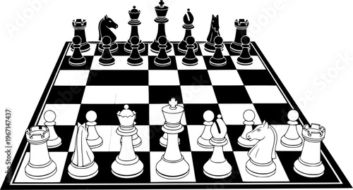 Chess Board Setup. Vector icon or symbol. Black and white chess board pieces. Flat style the starting positions figures pieces tournament strategy silhouette. checker board. Square checkered print