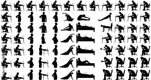 Remote Work Struggles Silhouettes Set Pack. Editable Vector Stroke Illustration. featuring posture, sitting, incorrect, correct, ergonomics, laptop, desk, man, silhouette, illustration, vector more