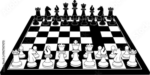 Chess Board Setup. Vector icon or symbol. Black and white chess board pieces. Flat style the starting positions figures pieces tournament strategy silhouette. checker board. Square checkered print