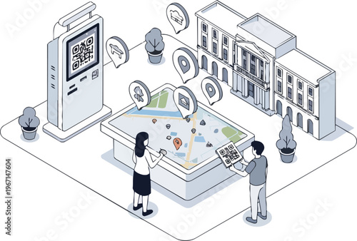 Isometric Illustration of People Using a Smart City Digital Map and Interactive Information Kiosk with QR Codes for Urban Navigation