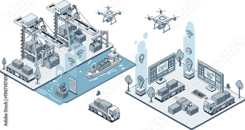 Smart Logistics and Automated Port Terminal Isometric Illustration: Future of Global Trade with Drones, Cargo Ships, and AI Monitoring