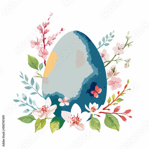 Osterei mit Kirschblüten und Blumen – Frühlingshafte Aquarell-Illustration