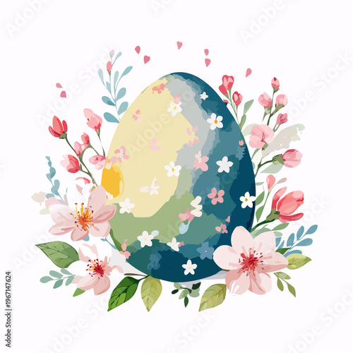 Osterei mit Kirschblüten und Blumen – Frühlingshafte Aquarell-Illustration