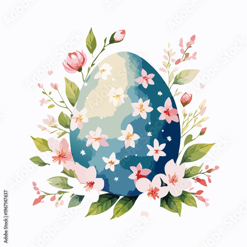 Osterei mit Kirschblüten und Blumen – Frühlingshafte Aquarell-Illustration
