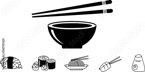 bowl and eating chopsticks or Chinese chopsticks. In Chinese, chopsticks means kuizi. Food, sushi, noodles. Thai, Japanese or Asian cuisine. Restaurant tools. Kitchenware icon