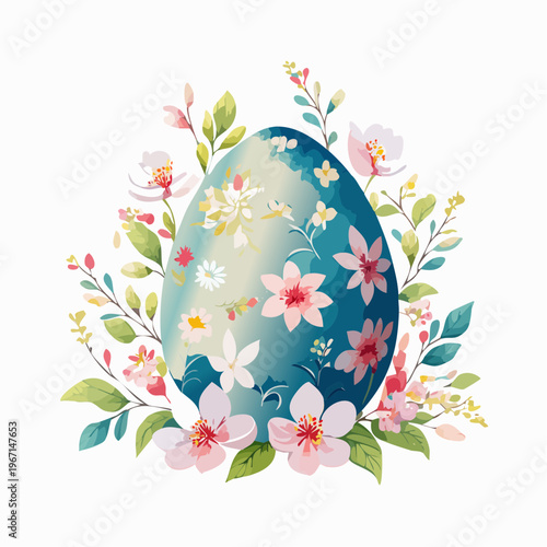 Osterei mit Kirschblüten und Blumen – Frühlingshafte Aquarell-Illustration