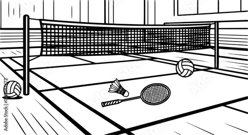 Indoor empty badminton net for badminton court, shuttle and racket. Racket sport game. Playing in the summer or on the beach. Indoor team sports. Lines pattern or template. volleyball game.