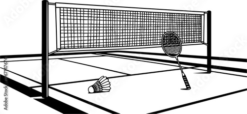 Indoor empty badminton net for badminton court, shuttle and racket. Racket sport game. Playing in the summer or on the beach. Indoor team sports. Lines pattern or template. volleyball game.