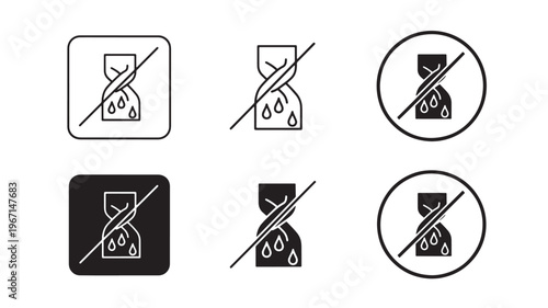 Hourglass icon with water drops and prohibition symbol, representing a warning against excessive water use.