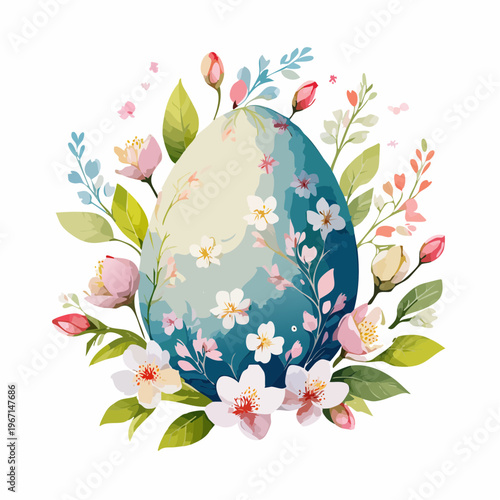 Osterei mit Kirschblüten und Blumen – Frühlingshafte Aquarell-Illustration
