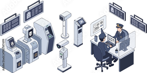 Isometric Airport Security and Border Control Vector Illustration with Biometric Facial Recognition, Passport Scanning Kiosks, and Immigration Officers