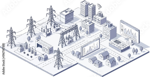 Smart Grid and Urban Infrastructure Isometric Illustration for Energy Management and Power Distribution Monitoring