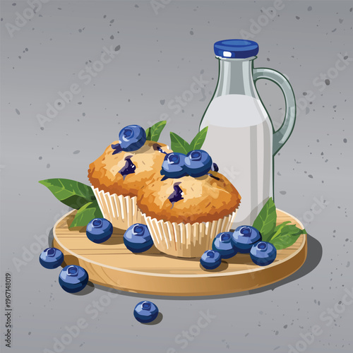 Delicious blueberry muffins with fresh milk and fruit on a wooden tray