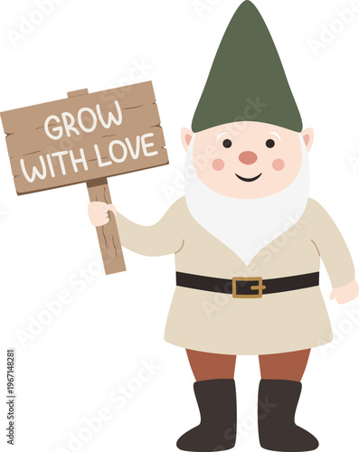 Cute garden gnome holding a wooden sign with 