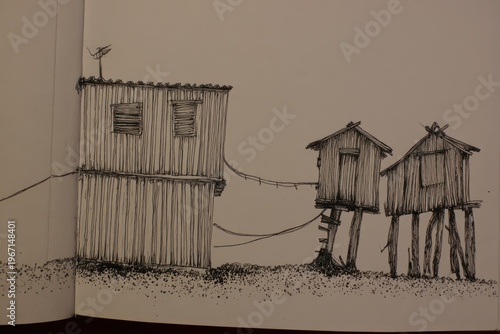 Pen and ink sketch of clustered wooden structures, depicting poverty and simplicity