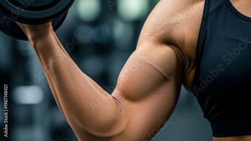 Fitness - Muscular Female Arm Curling Dumbbell in Gym with Sweat Drops on Toned Bicep Close Up