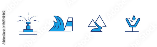 Water Resources and Irrigation Icon Set with Sprinkler Wave River and Filtration Systems