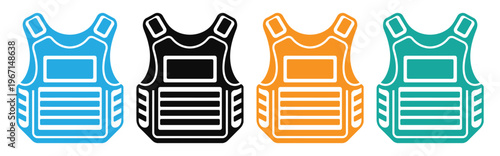 Colorful bulletproof vest icons in blue, Black, Orange, And green vector illustration