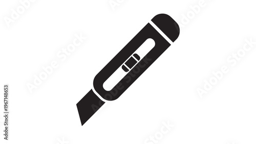 Cutter knife icon with black handle and sharp blade, isolated on white background for graphic design applications.