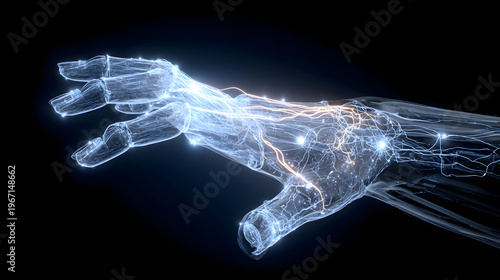 Digital representation of futuristic phantom limb with glowing neural pathways and transparent hand design. image conveys innovation and advanced technology
