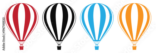Colorful hot air balloon icons in red, Black, Blue, And orange on white background vector illustration