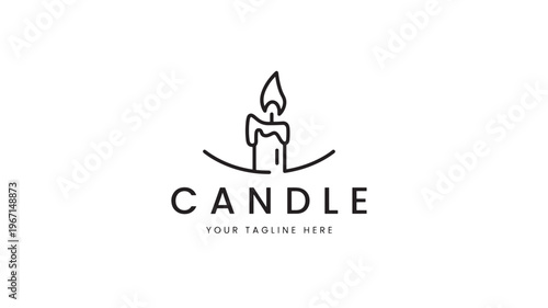Candle icon with a lit flame and melting wax, a simple line art for branding and decoration purposes.