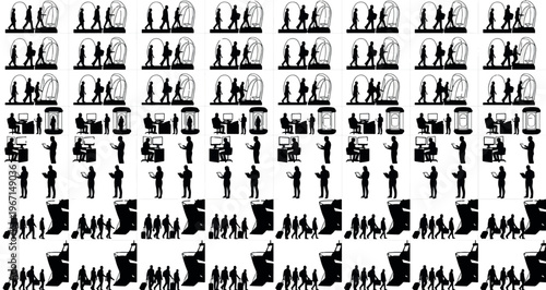 Cryo-Sleep Passenger Transport Silhouettes Set Pack. Editable Vector Stroke Illustration. featuring vector, silhouette, travel, transportation, people, boarding, security, checkpoint, scanning more