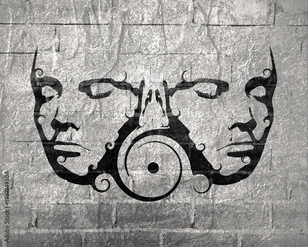 Naklejka premium Two young women face front view. Melted with spiral and decorated by curls. Elegant silhouette of a female heads. Split personality disorder. Friendship, communication and family concept.
