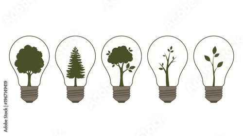 A sequence of light bulbs featuring silhouettes of trees, symbolizing ideas for sustainability and ecological consciousness. 