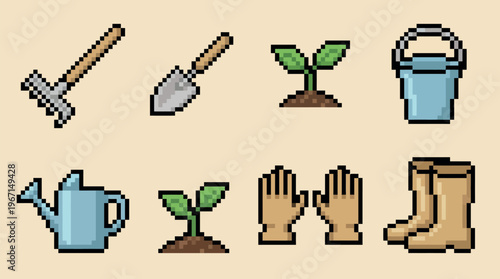 Garden tools and elements designed in a pixelated style, perfect for use in illustrations or digital design projects