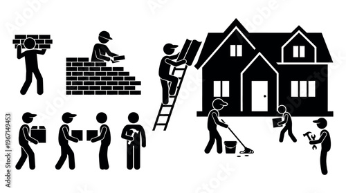 House construction, an illustration depicting various stages of building