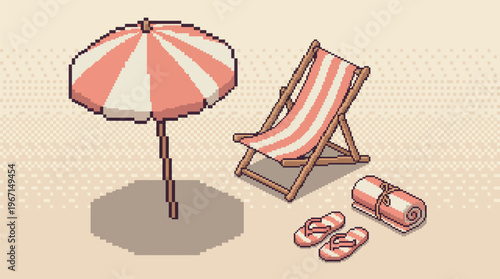 Relaxing beach scene featuring a beach umbrella, chair, towel and sandals, ready for a sunny day at the seaside. The items are arranged on the sand, suggesting a perfect spot to unwind