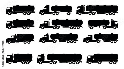 Various silhouettes of tankers, each in a different pose, create a unique pattern. The collection includes fuel transport vehicles, tanker trucks, and transportation industry silhouettes