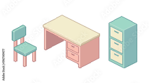 Isometric office furniture, chair, desk, and file cabinet