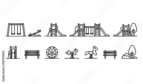 Playground equipment and park elements black and white vector set in long horizontal layout with swings slides and jungle gym icons