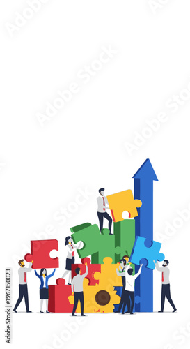 Business teamwork concept with people building puzzle pieces and growing arrow