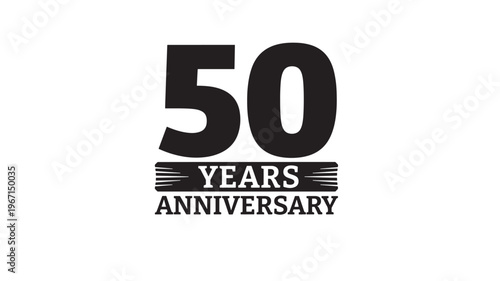 Fifty years anniversary bold black text emblem with stylized lines and rings for celebration featuring logo, numeral, number with graphic and sign