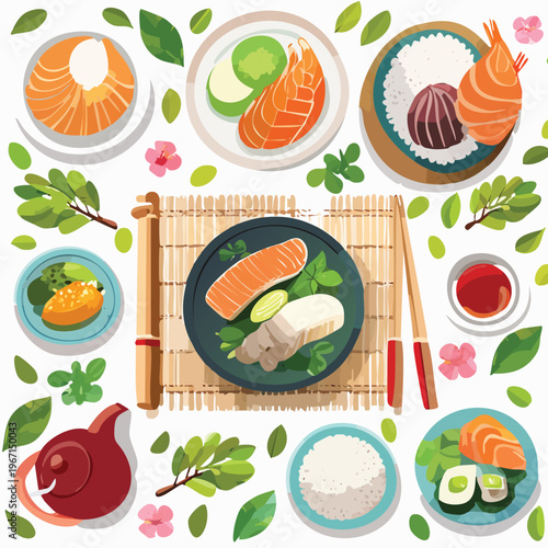 Delicious japanese cuisine dishes arranged on a table top view illustration