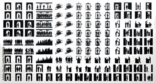 Subterranean Mega City Silhouettes Set Pack. Editable Vector Stroke Illustration. featuring vector, graphic, illustration, silhouette, icons, public, transport, people, movement, travel, building more