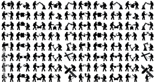 Orbital Space Construction Silhouettes Set Pack. Editable Vector Stroke Illustration. featuring astronaut, space, maintenance, repair, tool, robotics, satellite, technology, teamwork more