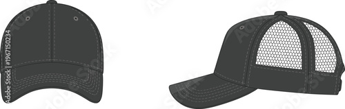 Baseball cap front and side view illustration, trucker hat with mesh back, realistic headwear design template for fashion, branding, mockups, and apparel customization