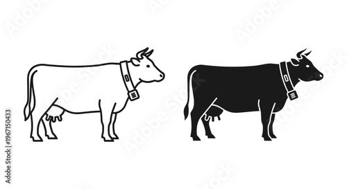 Minimalist dairy cow vector icons, black and white farm animal silhouettes with cowbell, organic milk production and livestock farming graphics
