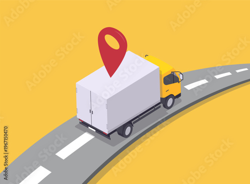 A cargo van in an isometric view moves along the road. Vector illustration.