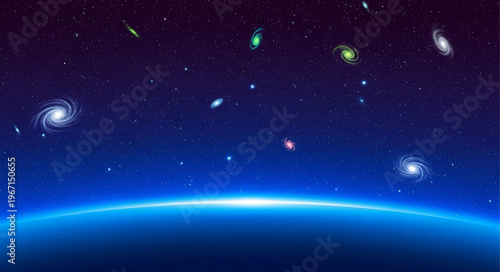Vast universe with swirling galaxies and distant stars above a glowing planet.