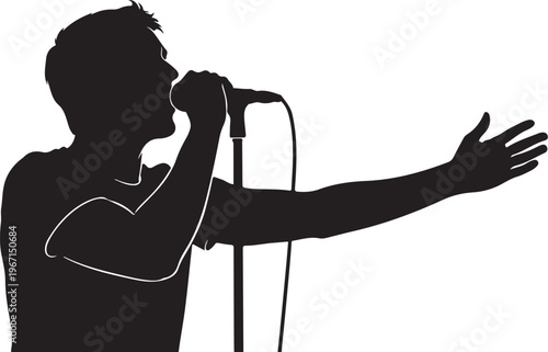 Black silhouette of man singing into microphone singer