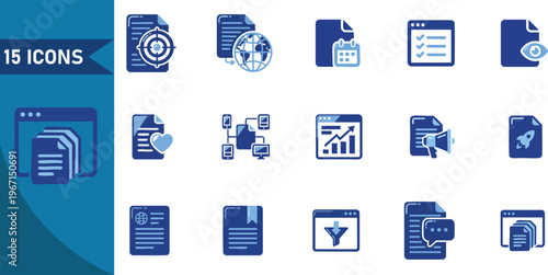 Blue business icons, office symbols, document graphics, 15 piece set