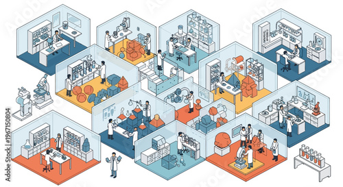 Scientists working in laboratory rooms conducting research and experiments.