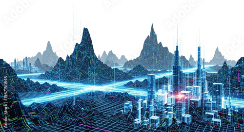 Futuristic Cityscape with Neon Lights and Digital Mountains.