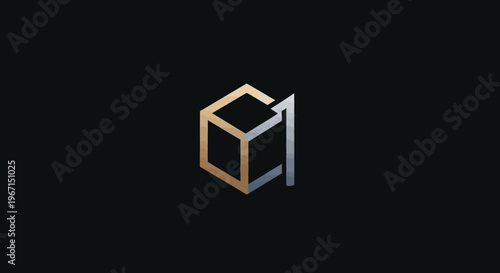 Geometric Cube with Abstract Arrow Icon on Black Background